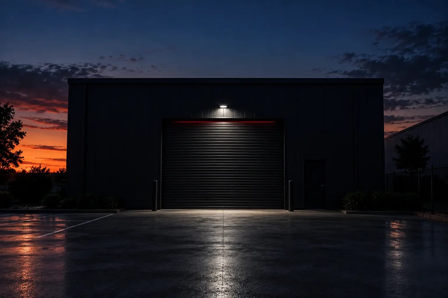 Black shop front with a roller door at dusk