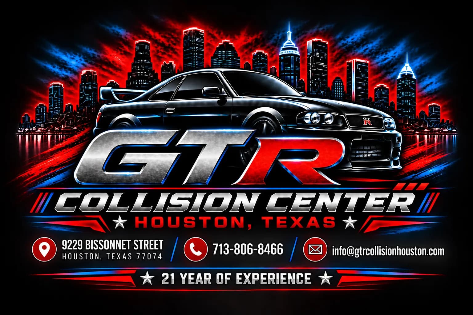 GTR Collision Houston artwork: a black GT-R in front of the Houston skyline, 21 years of experience