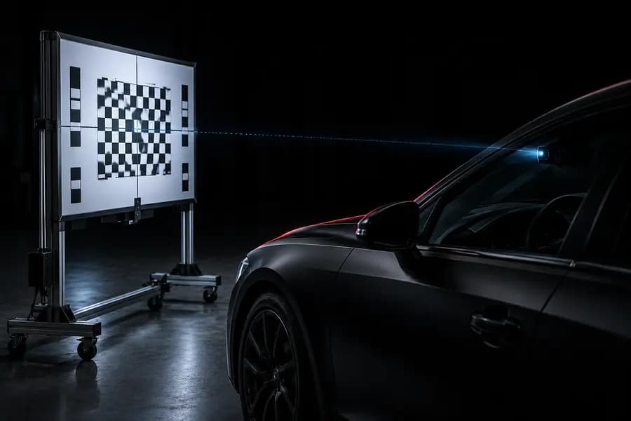 ADAS calibration target board set up in front of a black sedan
