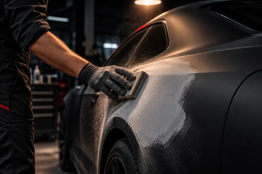 Technician sanding filler on a black car's rear quarter panel under a shop lamp