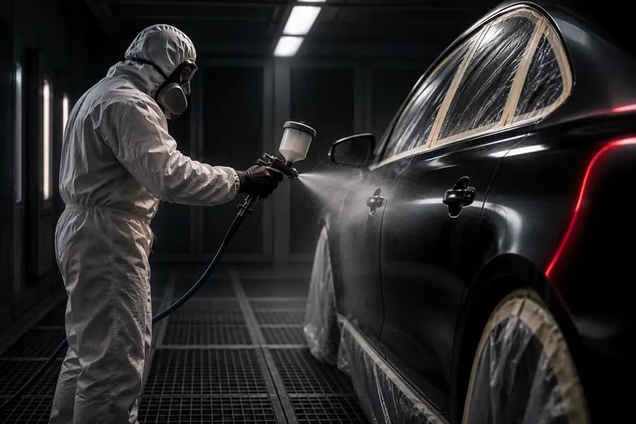 Painter in a white suit spraying a black sedan inside a paint booth