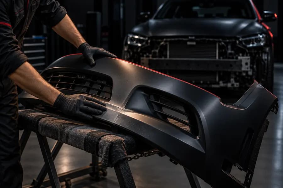 Black bumper cover on a stand being prepared for repair