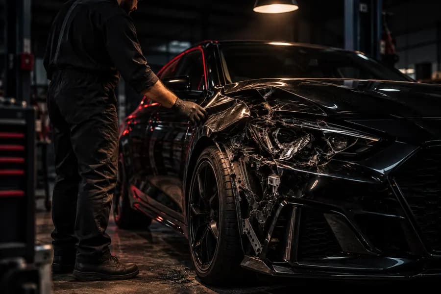 Technician inspecting a black sedan's crumpled front corner in a dark repair bay