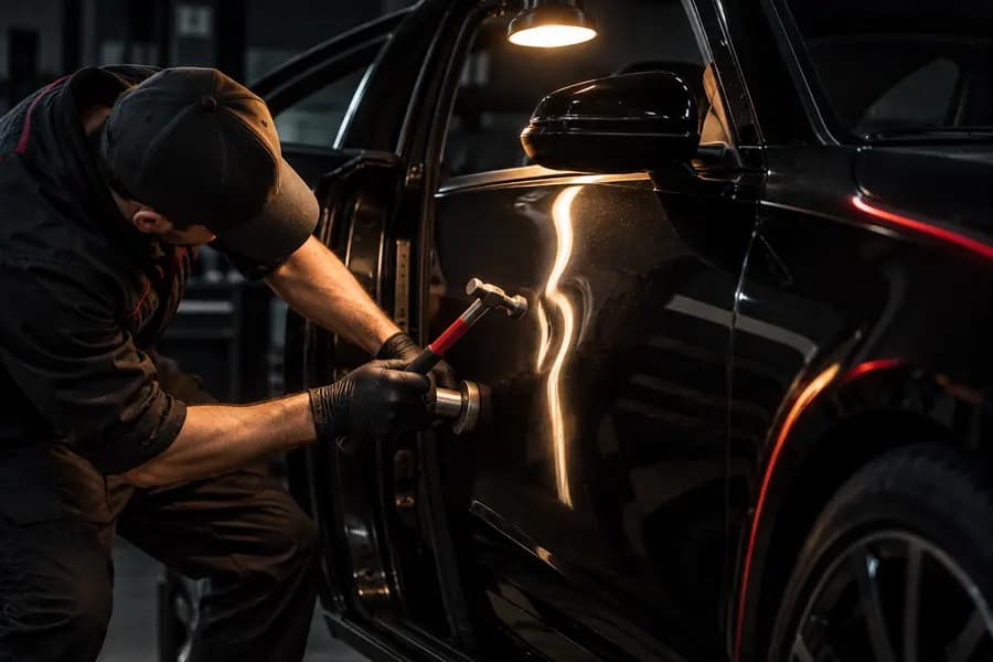 Technician working a dent out of a black car door with a light overhead