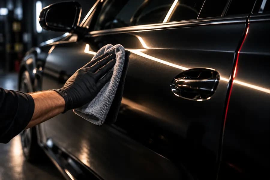 Polishing the rear quarter of a freshly repaired black car