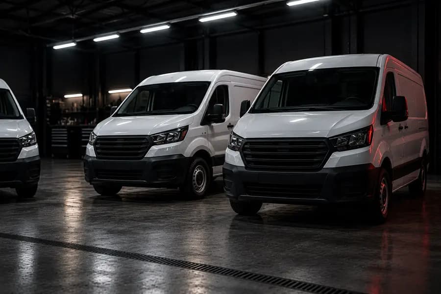 Three unmarked white work vans parked inside a repair shop