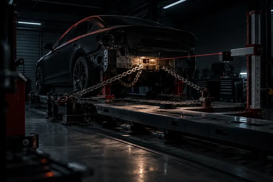 Black car on a frame rack with pull chains and a measuring arm