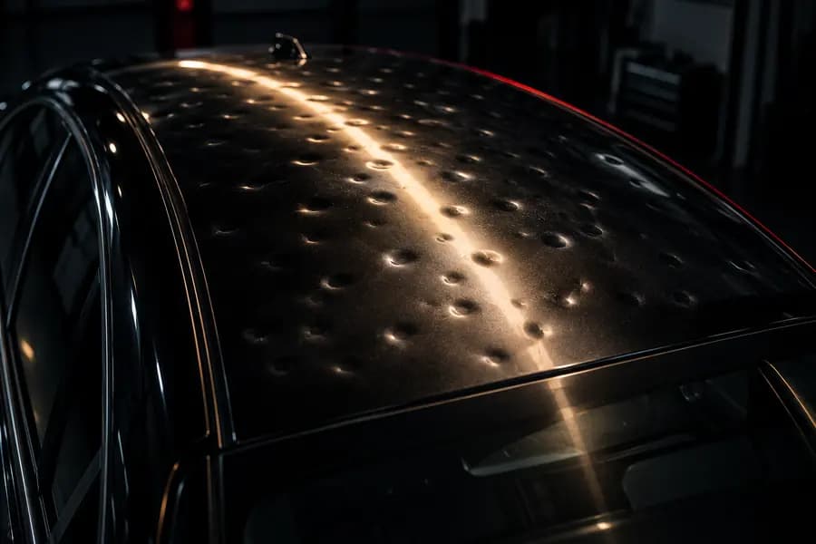 Black car roof covered in small hail dents under a line light