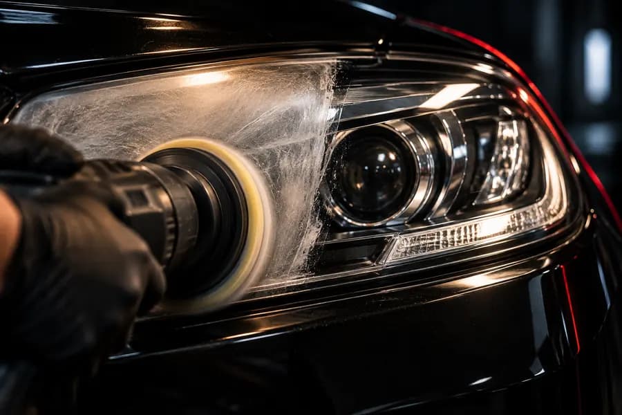 Polishing a yellowed headlight lens on a black car