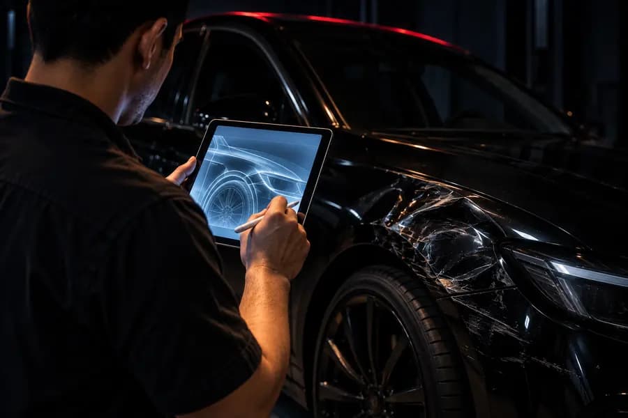 Estimator with a tablet beside a black car's damaged fender