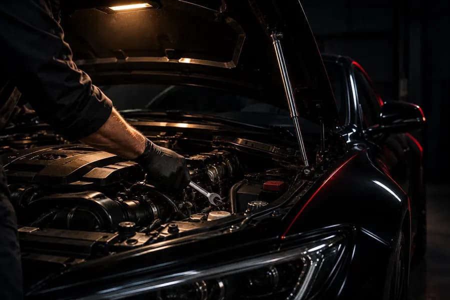 Technician working under the open hood of a black car after a collision