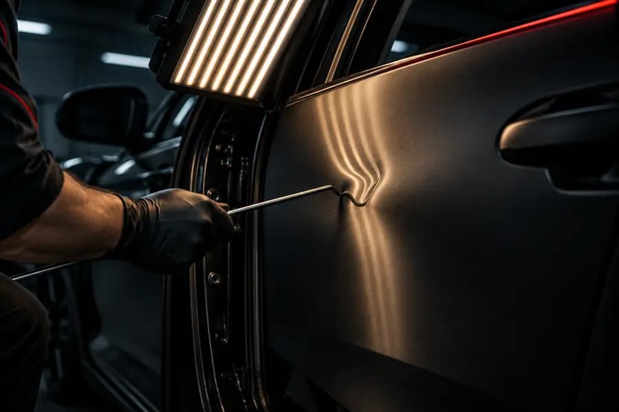 Paintless dent repair rod under a black door panel with a line board reflection