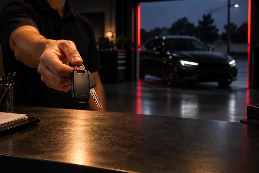 Keys handed over a shop counter with a black car in the bay behind