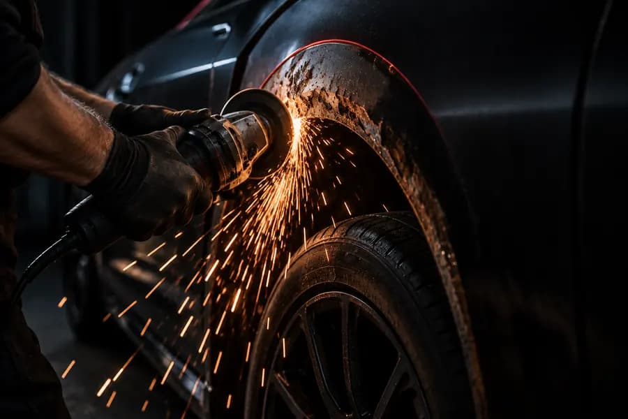 Grinding rust from a black car's wheel arch, sparks flying