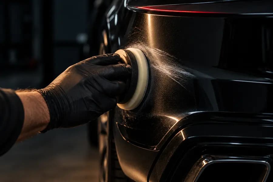 Polishing a scratch on a black car door with a microfibre cloth