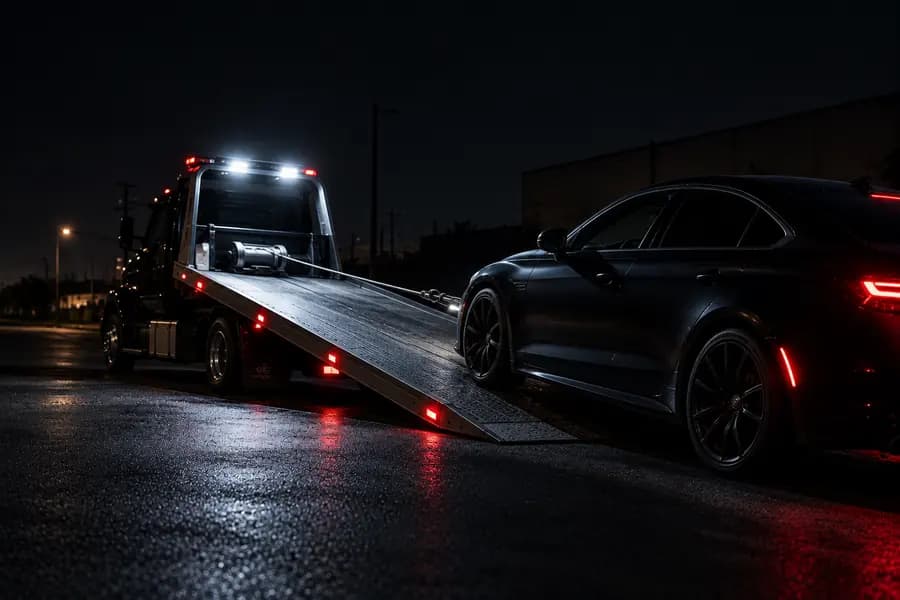 Black car being winched onto a flatbed tow truck at night