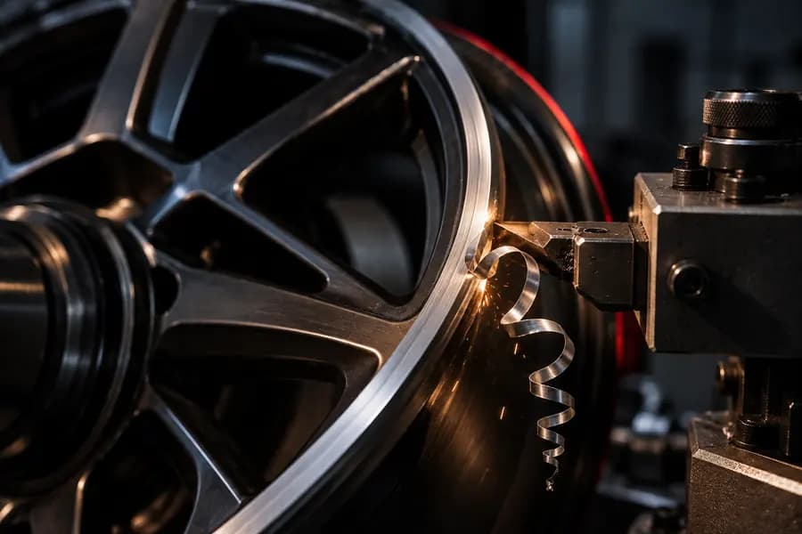 Alloy wheel on a lathe having curb rash machined out