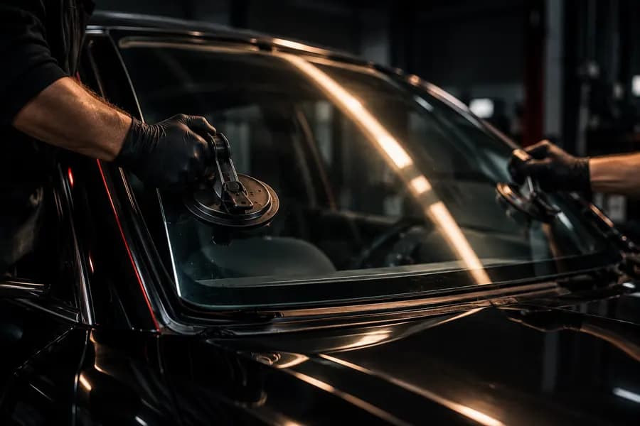 Technician setting a new windshield into a black car