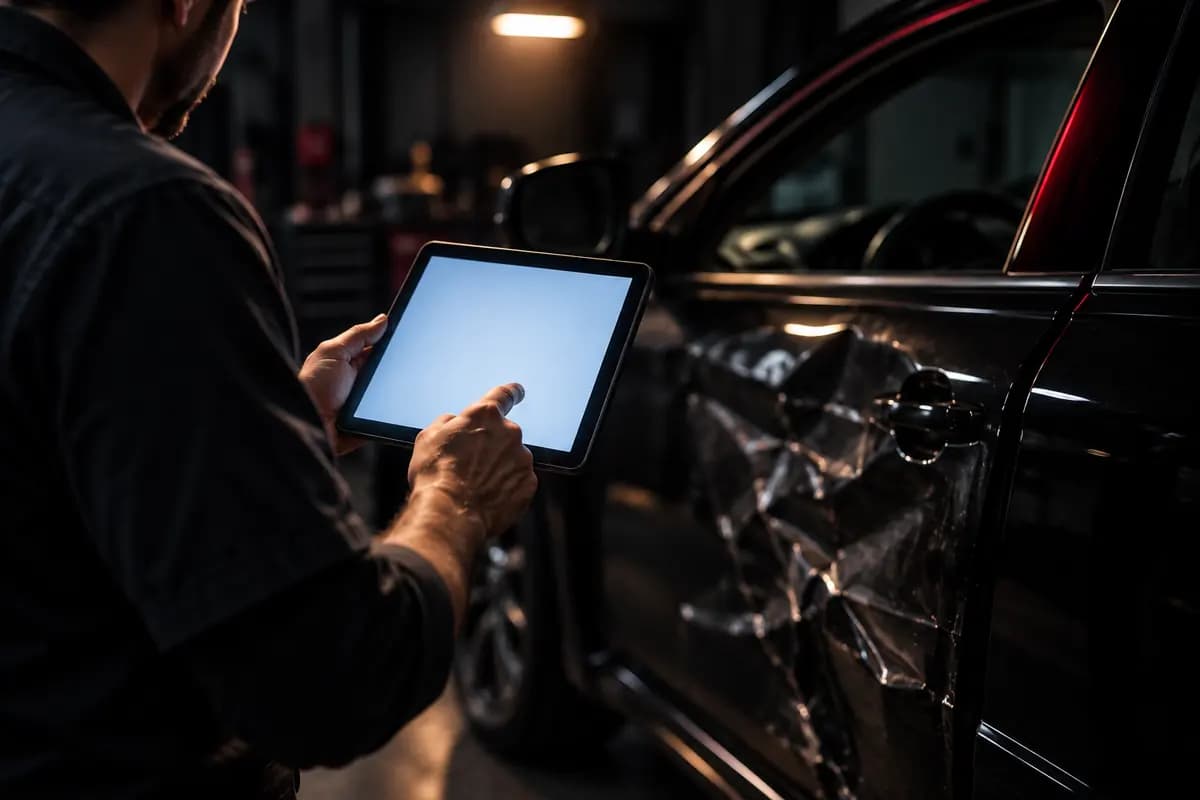 Estimator with a tablet beside a black car's damaged fender at dusk