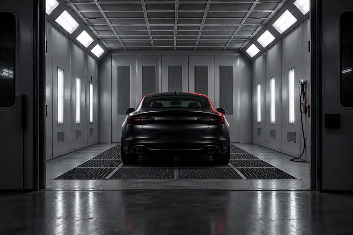 Black car inside a bright, empty paint booth