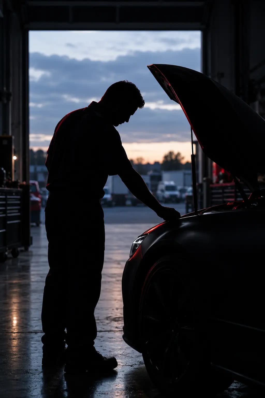 Technician checking a repaired black panel under a raking light